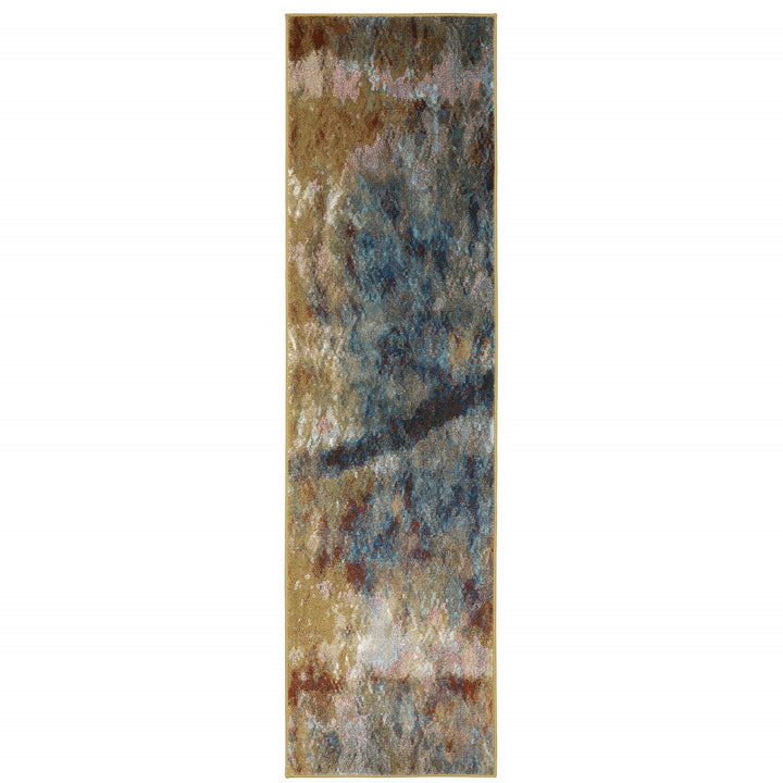 2 X 8 Blue Gold Teal Rust Grey And Beige Abstract Power Loom Stain Resistant Runner Rug Image 1