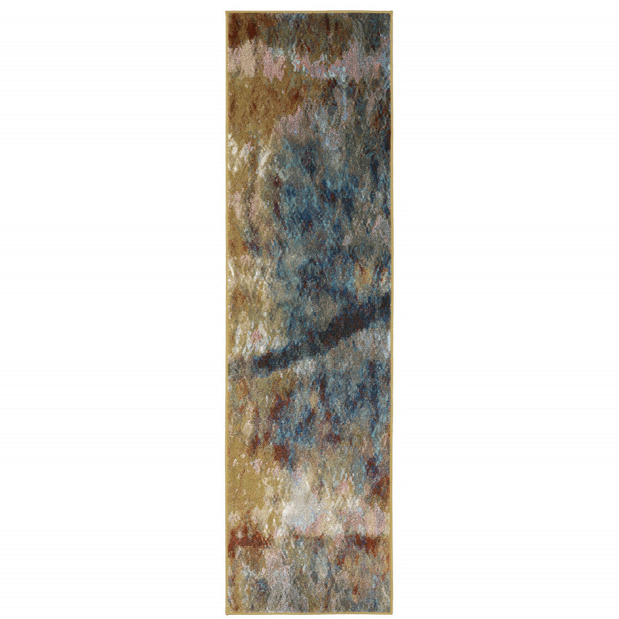 2 X 8 Blue Gold Teal Rust Grey And Beige Abstract Power Loom Stain Resistant Runner Rug Image 1