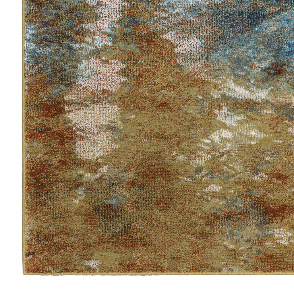 2 X 8 Blue Gold Teal Rust Grey And Beige Abstract Power Loom Stain Resistant Runner Rug Image 3