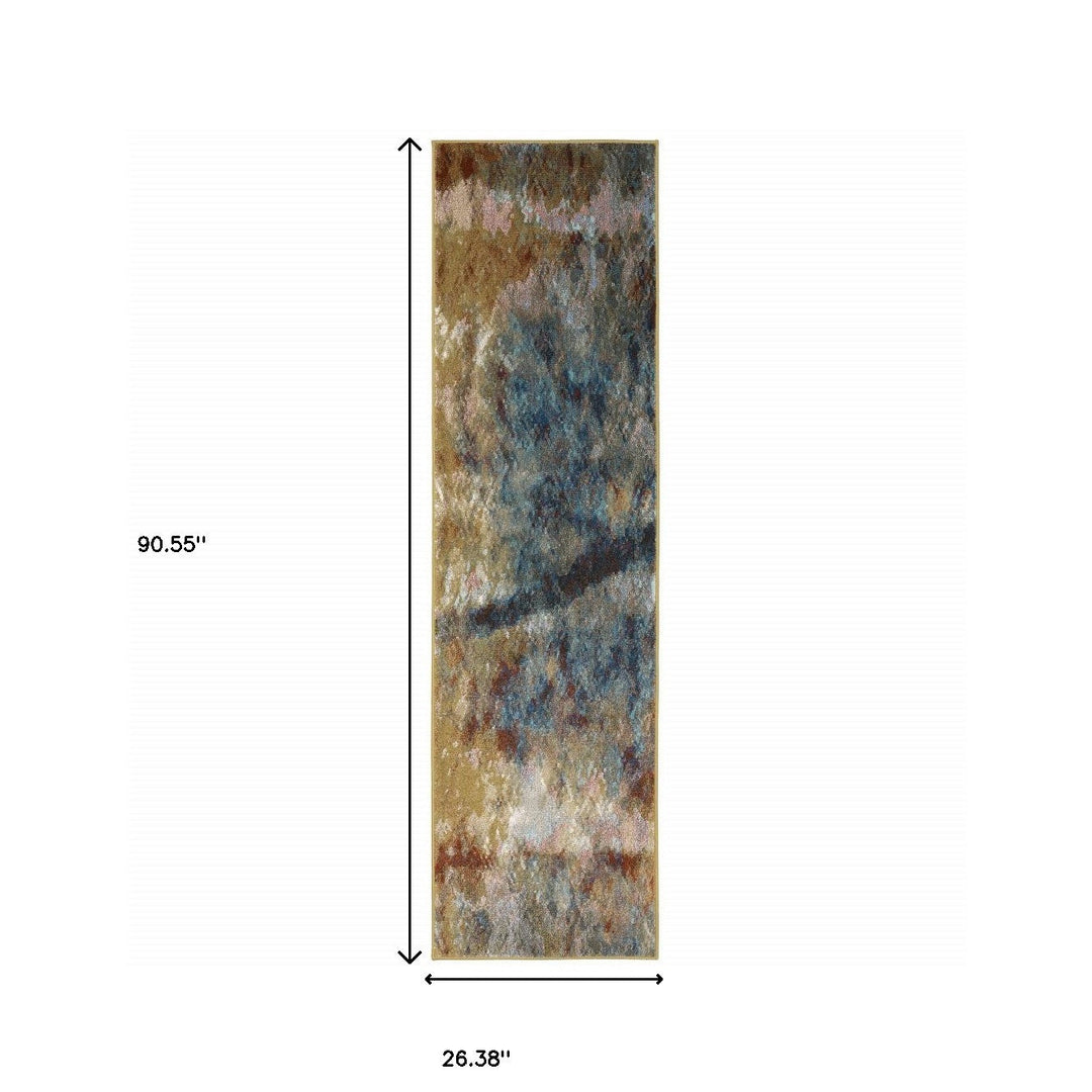 2 X 8 Blue Gold Teal Rust Grey And Beige Abstract Power Loom Stain Resistant Runner Rug Image 8