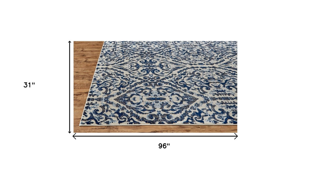 2 X 4 Blue Ivory And Black Floral Distressed Stain Resistant Area Rug Image 6