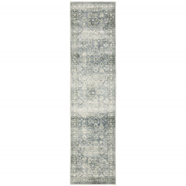 2 X 8 Blue Ivory And Grey Oriental Power Loom Stain Resistant Runner Rug Image 1