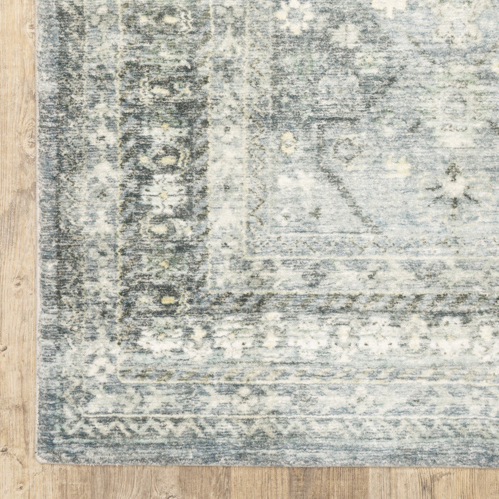 2 X 8 Blue Ivory And Grey Oriental Power Loom Stain Resistant Runner Rug Image 2