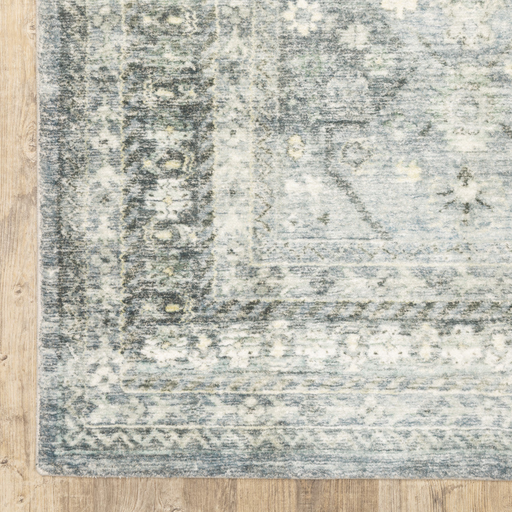 2 X 8 Blue Ivory And Grey Oriental Power Loom Stain Resistant Runner Rug Image 2