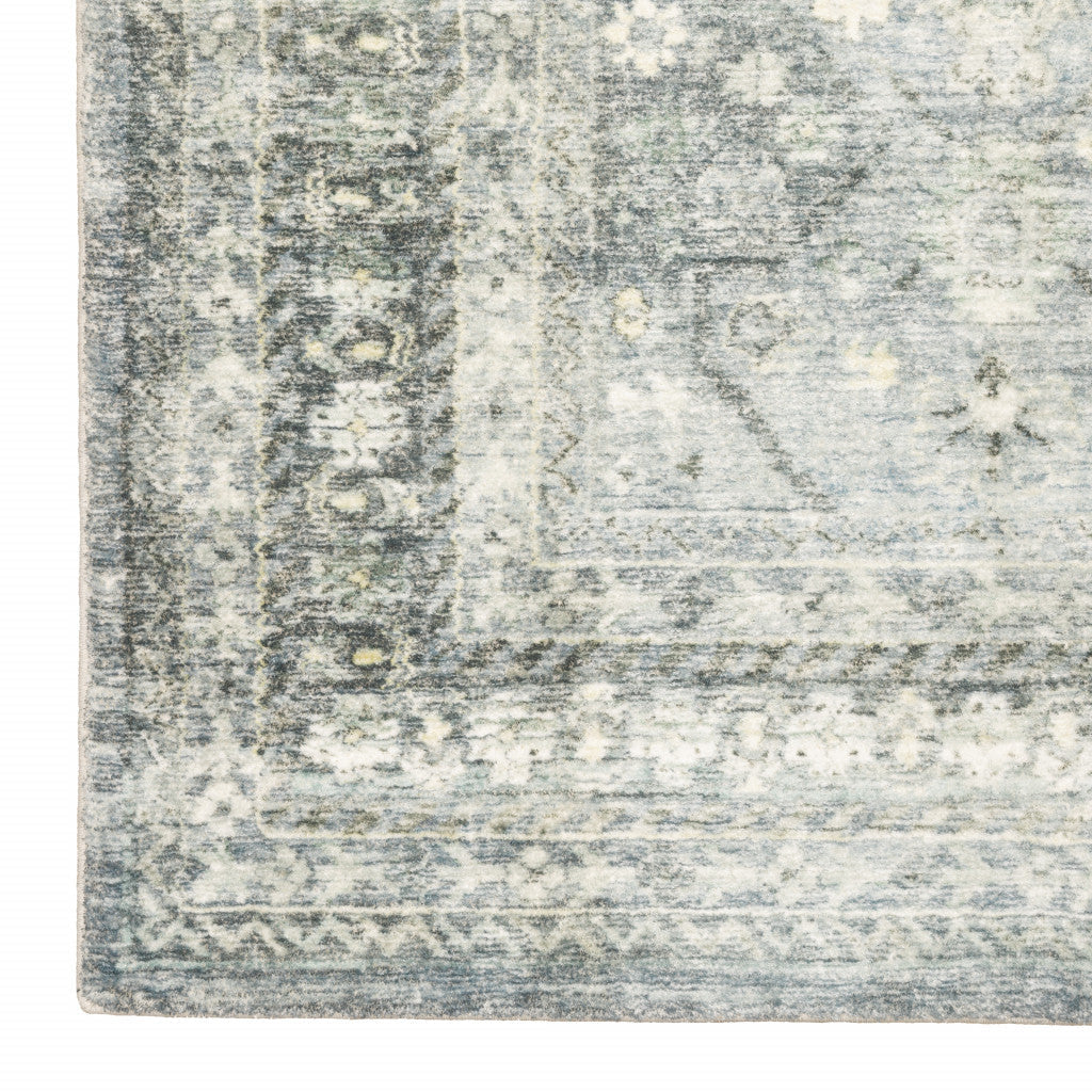 2 X 8 Blue Ivory And Grey Oriental Power Loom Stain Resistant Runner Rug Image 3