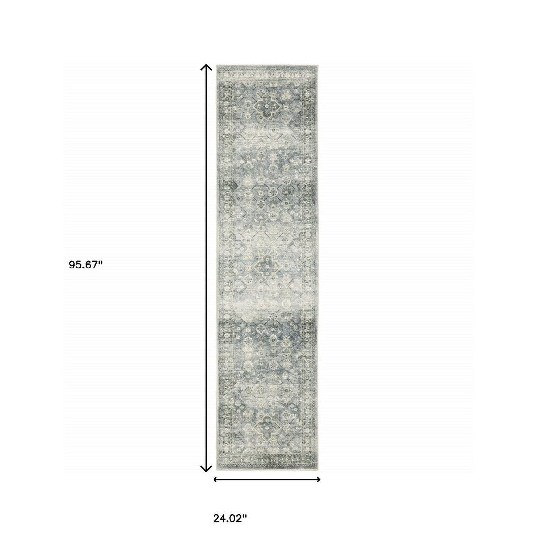 2 X 8 Blue Ivory And Grey Oriental Power Loom Stain Resistant Runner Rug Image 9