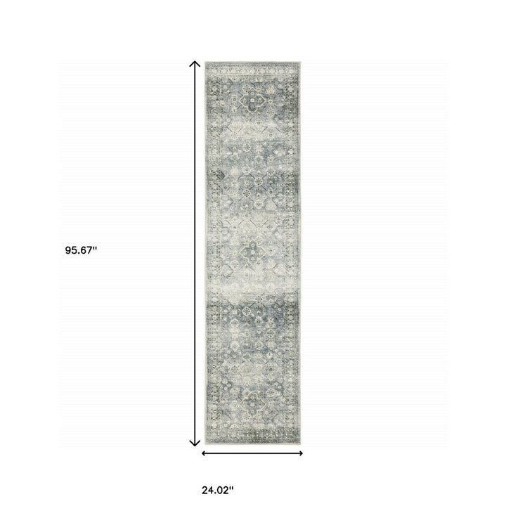 2 X 8 Blue Ivory And Grey Oriental Power Loom Stain Resistant Runner Rug Image 9