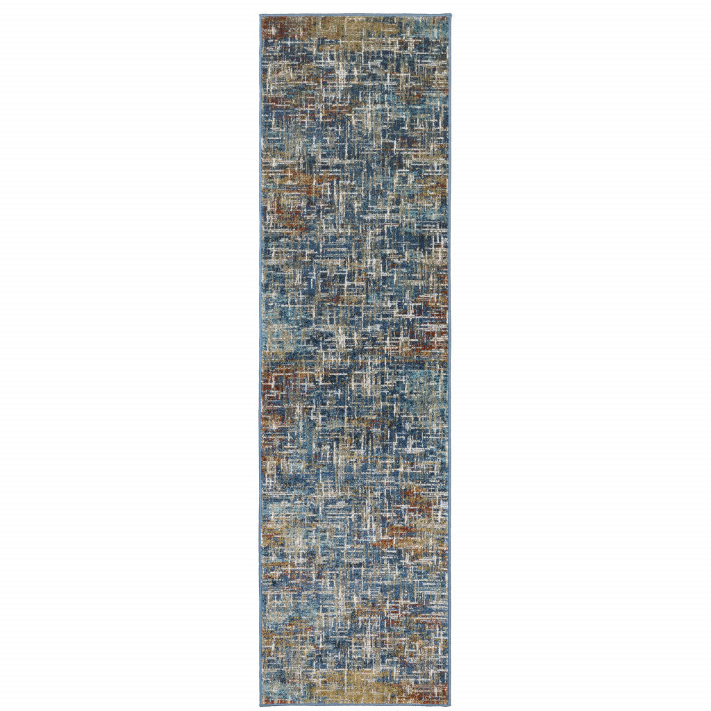 2 X 8 Blue Teal Gold Rust And Beige Abstract Power Loom Stain Resistant Runner Rug Image 1