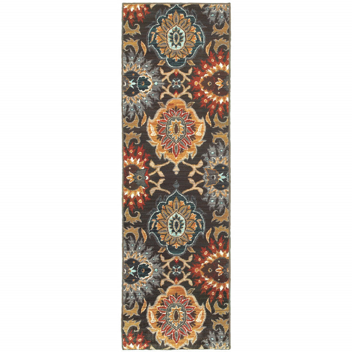 2 X 8 Brown Grey Rust Red Gold Teal And Blue Green Floral Power Loom Stain Resistant Runner Rug Image 1