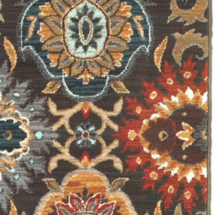 2 X 8 Brown Grey Rust Red Gold Teal And Blue Green Floral Power Loom Stain Resistant Runner Rug Image 3