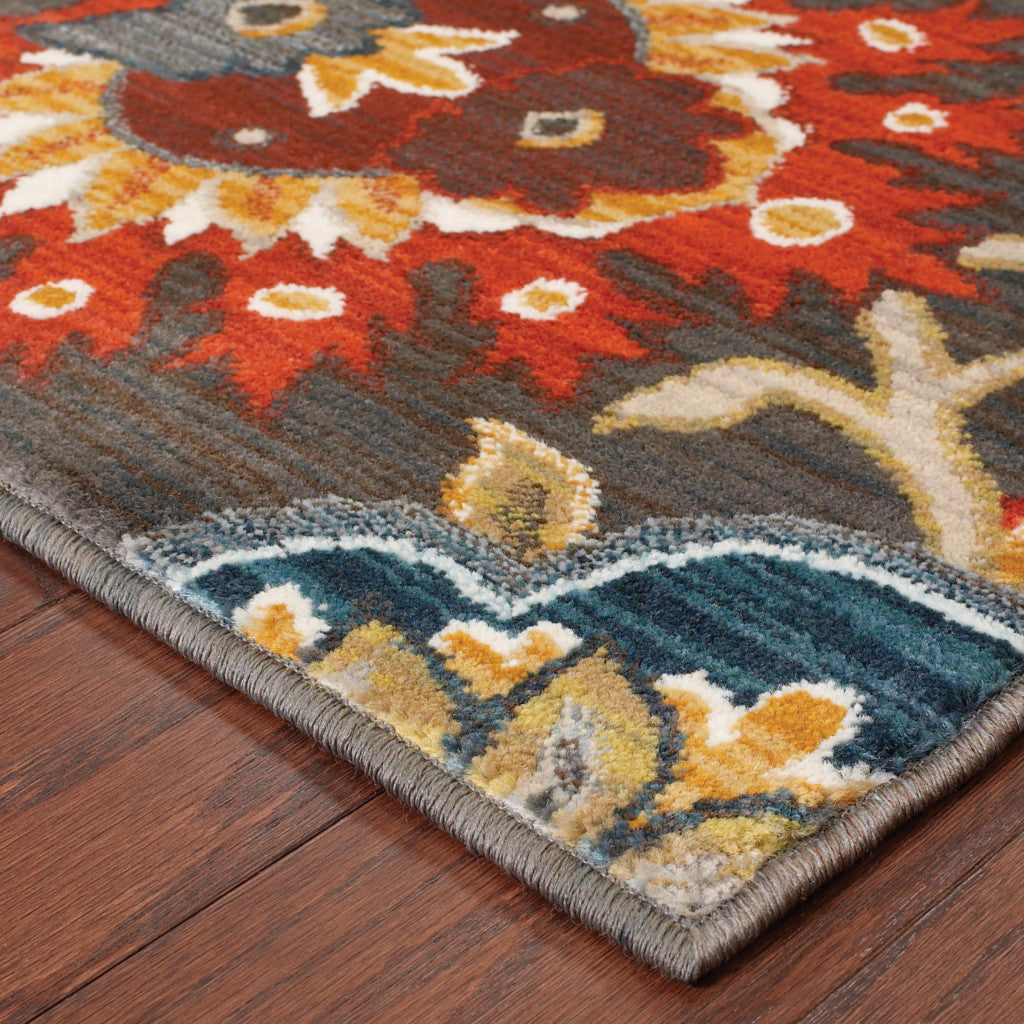 2 X 8 Brown Grey Rust Red Gold Teal And Blue Green Floral Power Loom Stain Resistant Runner Rug Image 4