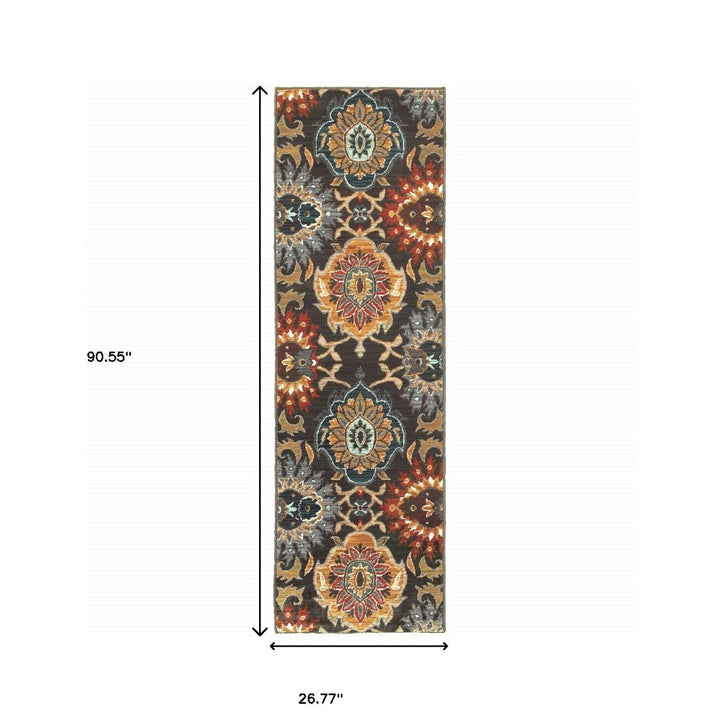 2 X 8 Brown Grey Rust Red Gold Teal And Blue Green Floral Power Loom Stain Resistant Runner Rug Image 5