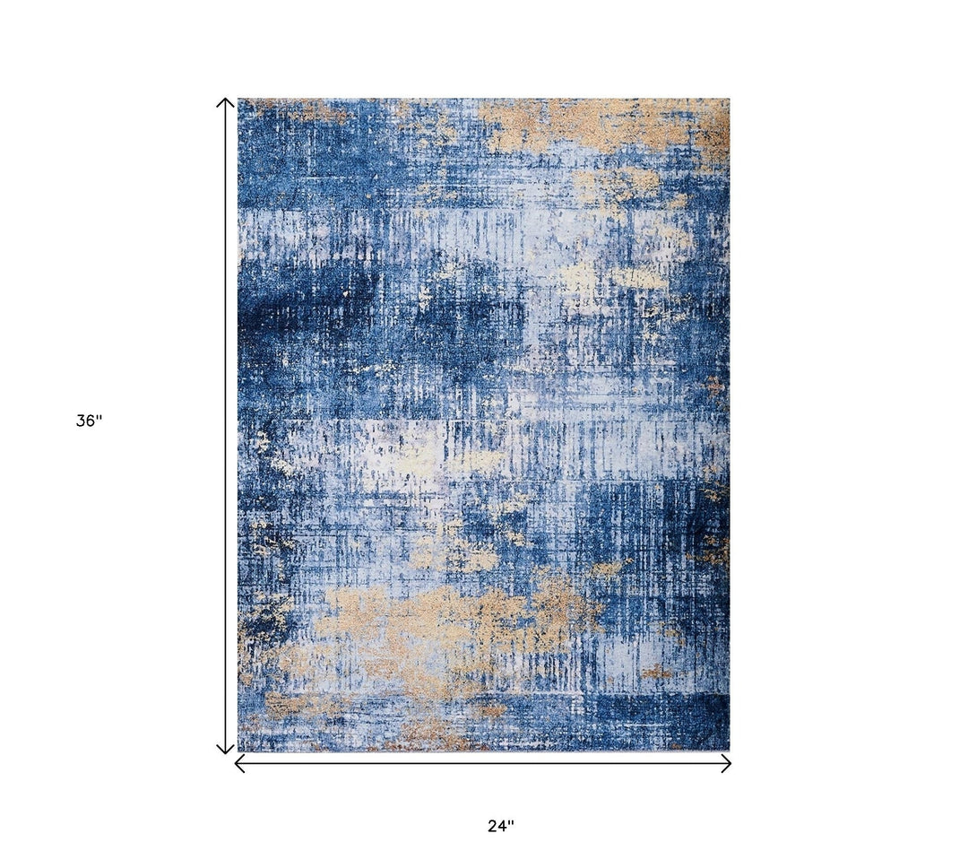 2 x 3 Blue and Gold Abstract Printed Washable Non Skid Area Rug Image 1