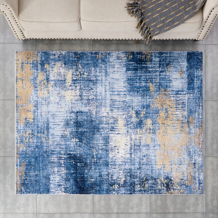 2 x 3 Blue and Gold Abstract Printed Washable Non Skid Area Rug Image 2