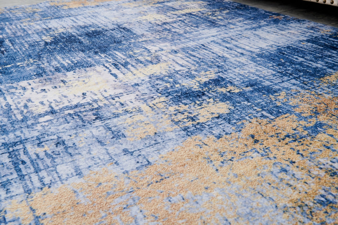 2 x 3 Blue and Gold Abstract Printed Washable Non Skid Area Rug Image 3