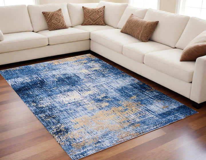 2 x 3 Blue and Gold Abstract Printed Washable Non Skid Area Rug Image 5