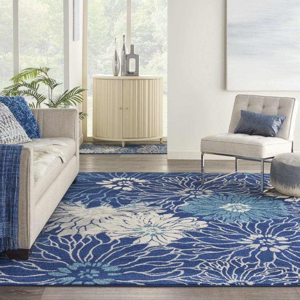 2 X 3 Blue And Ivory Floral Power Loom Area Rug Image 1