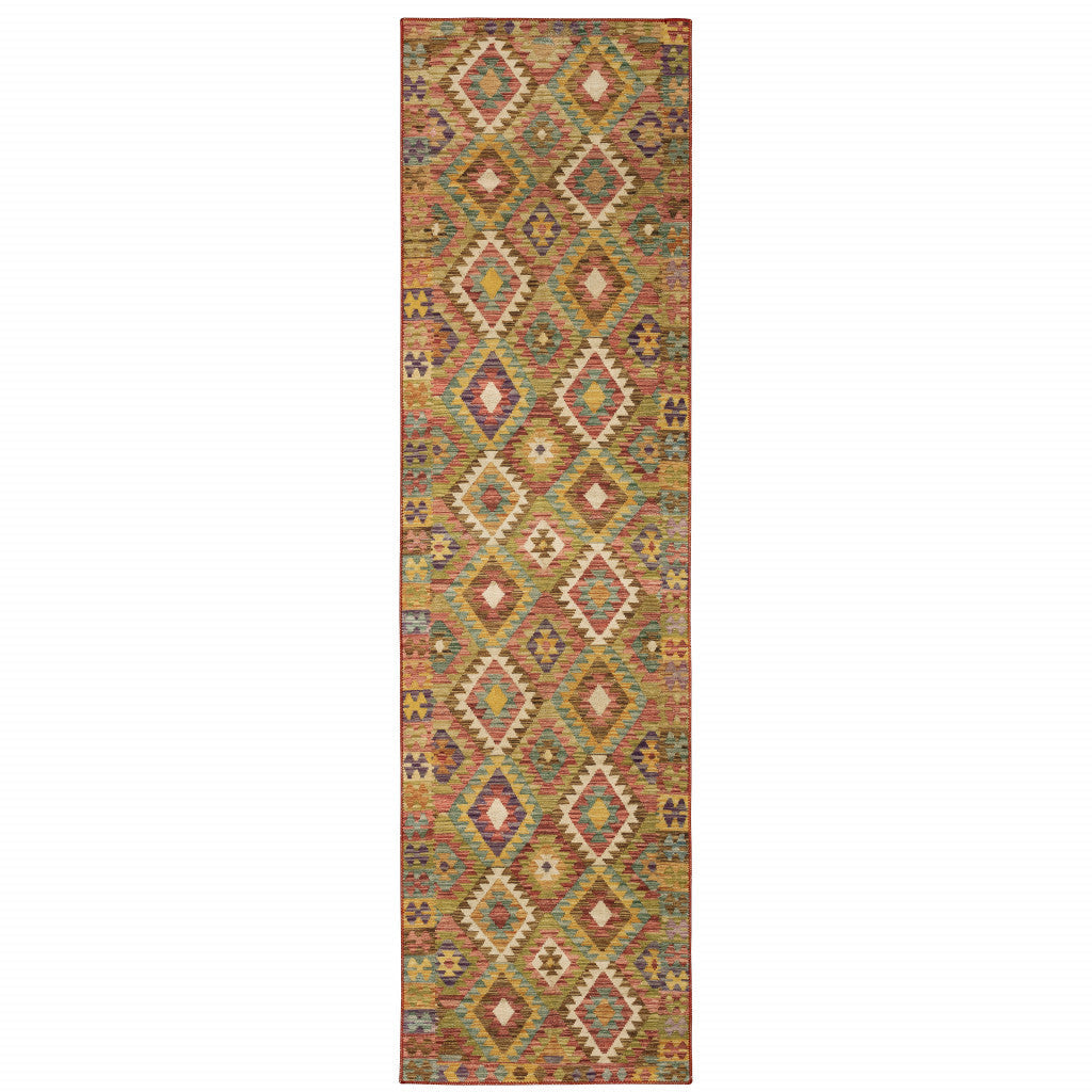 2 X 8 Gold Orange Brown Red Green Purple And Beige Southwestern Printed Stain Resistant Non Skid Runner Rug Image 1