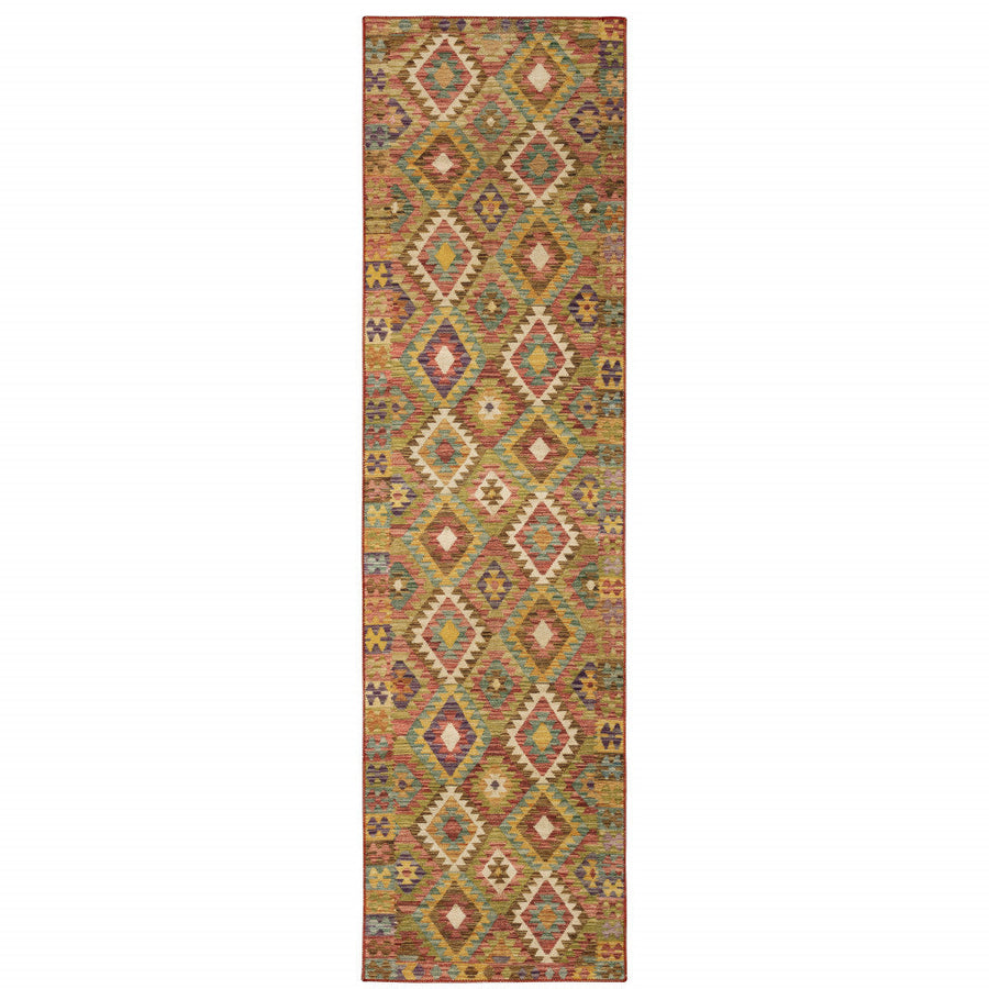 2 X 8 Gold Orange Brown Red Green Purple And Beige Southwestern Printed Stain Resistant Non Skid Runner Rug Image 1