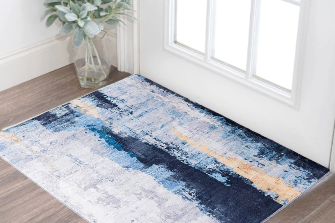 2 x 3 Blue and Yellow Abstract Printed Washable Non Skid Area Rug Image 10