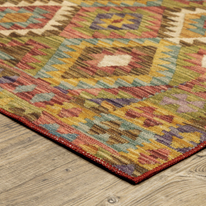 2 X 8 Gold Orange Brown Red Green Purple And Beige Southwestern Printed Stain Resistant Non Skid Runner Rug Image 5