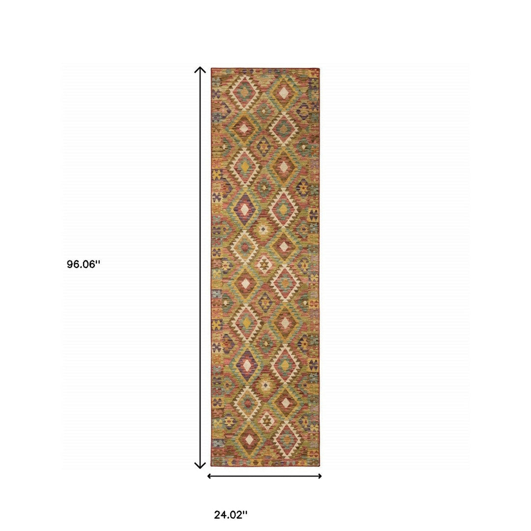 2 X 8 Gold Orange Brown Red Green Purple And Beige Southwestern Printed Stain Resistant Non Skid Runner Rug Image 11