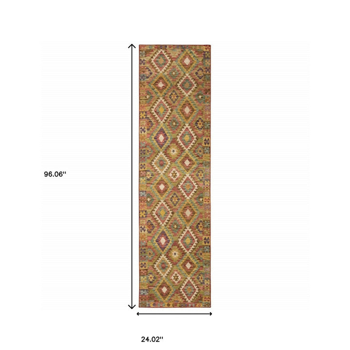 2 X 8 Gold Orange Brown Red Green Purple And Beige Southwestern Printed Stain Resistant Non Skid Runner Rug Image 11