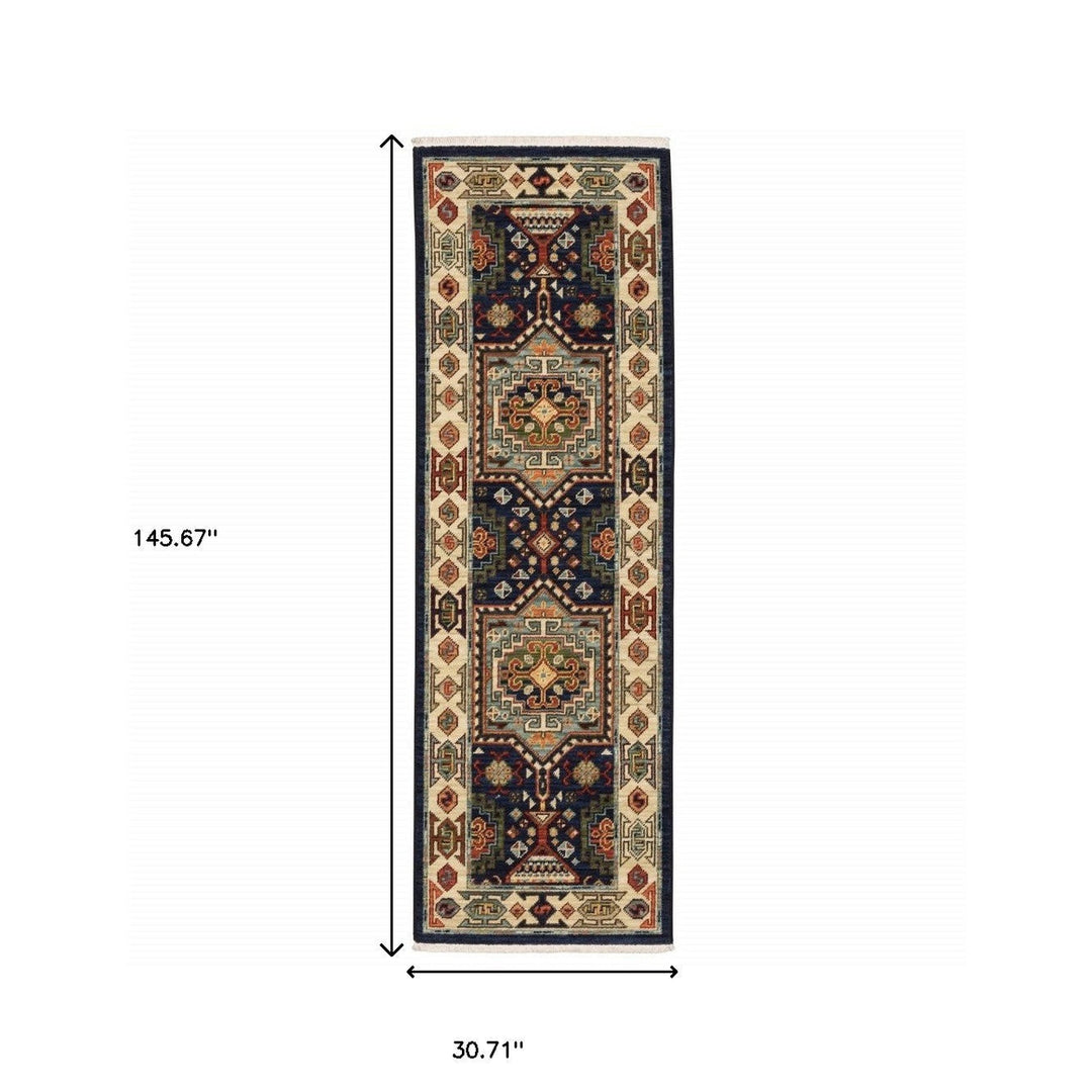 5 X 8 Blue Ivory Machine Woven Medallion Indoor Area Rug Image 1