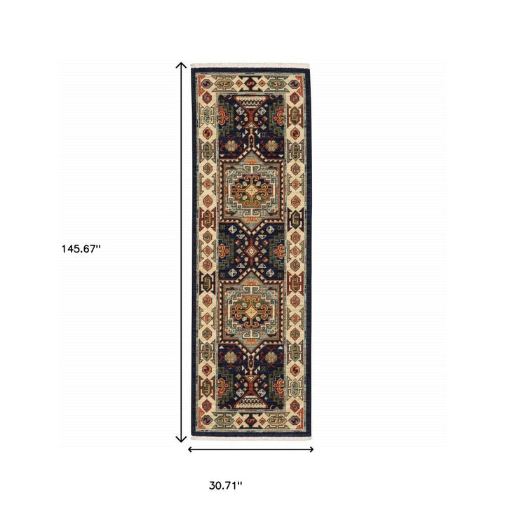 5 X 8 Blue Ivory Machine Woven Medallion Indoor Area Rug Image 1