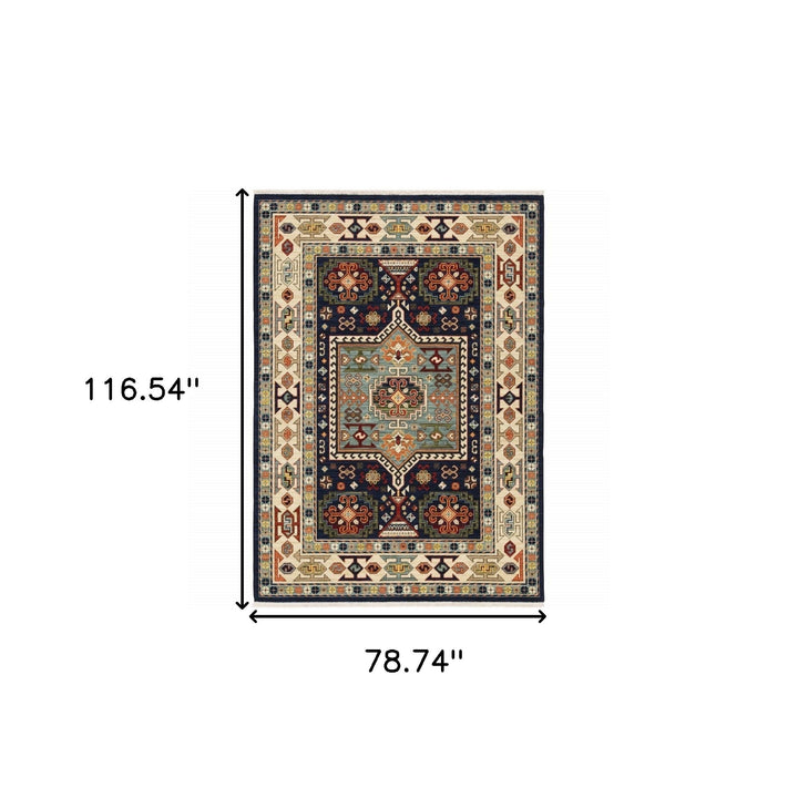 5 X 8 Blue Ivory Machine Woven Medallion Indoor Area Rug Image 2