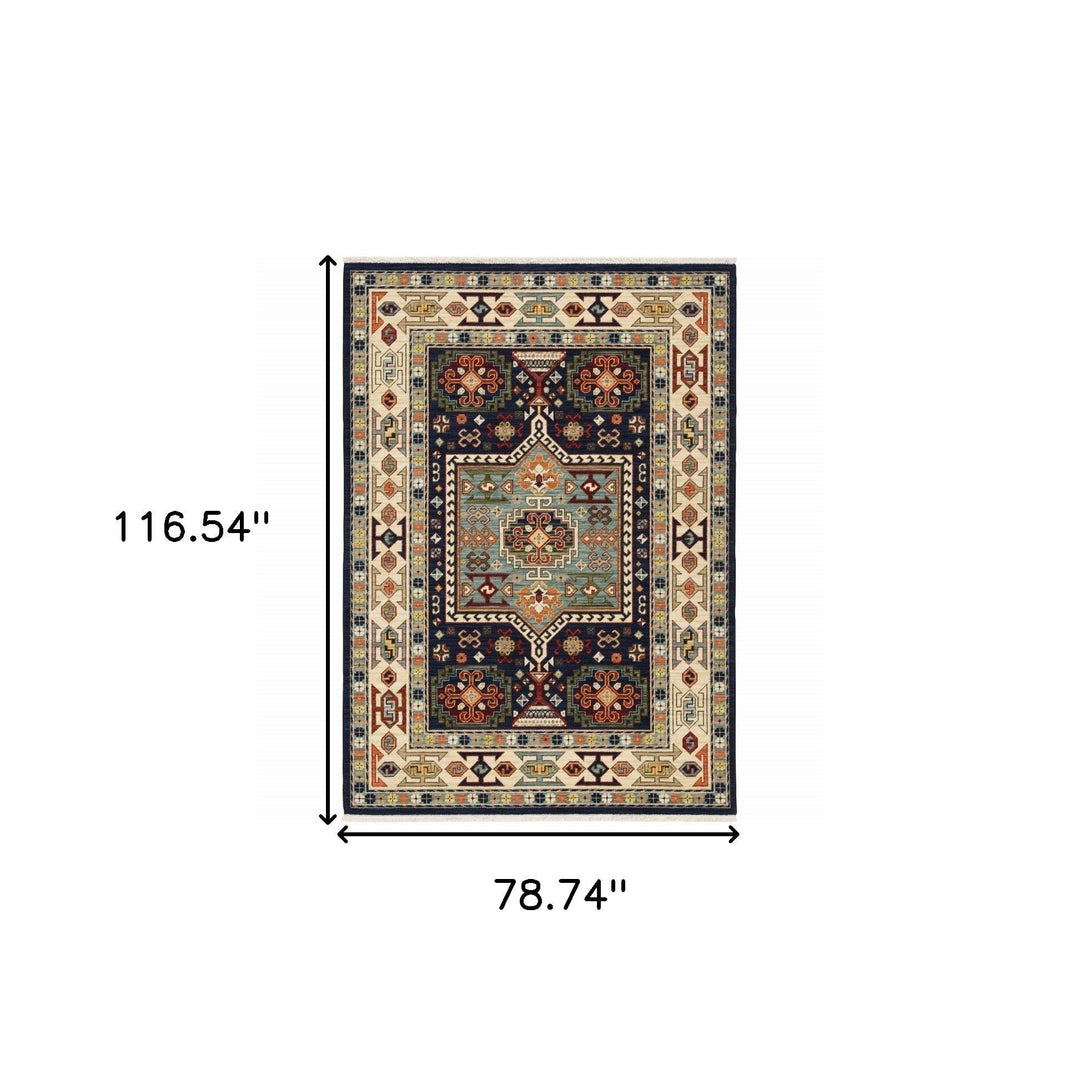 5 X 8 Blue Ivory Machine Woven Medallion Indoor Area Rug Image 1