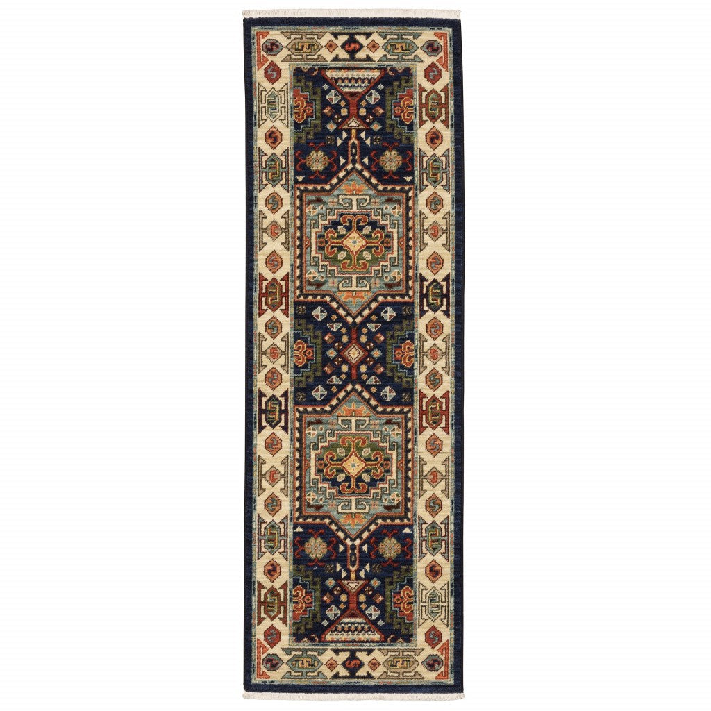 5 X 8 Blue Ivory Machine Woven Medallion Indoor Area Rug Image 3