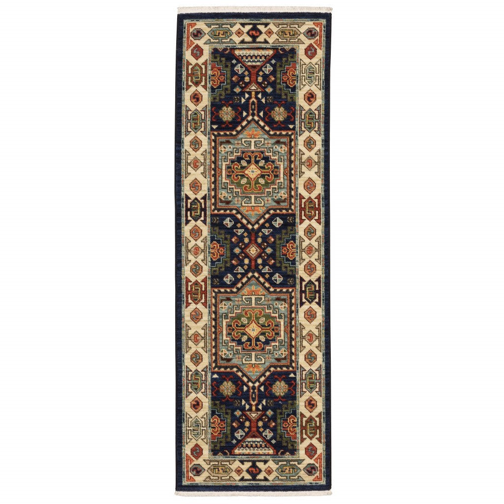 5 X 8 Blue Ivory Machine Woven Medallion Indoor Area Rug Image 6