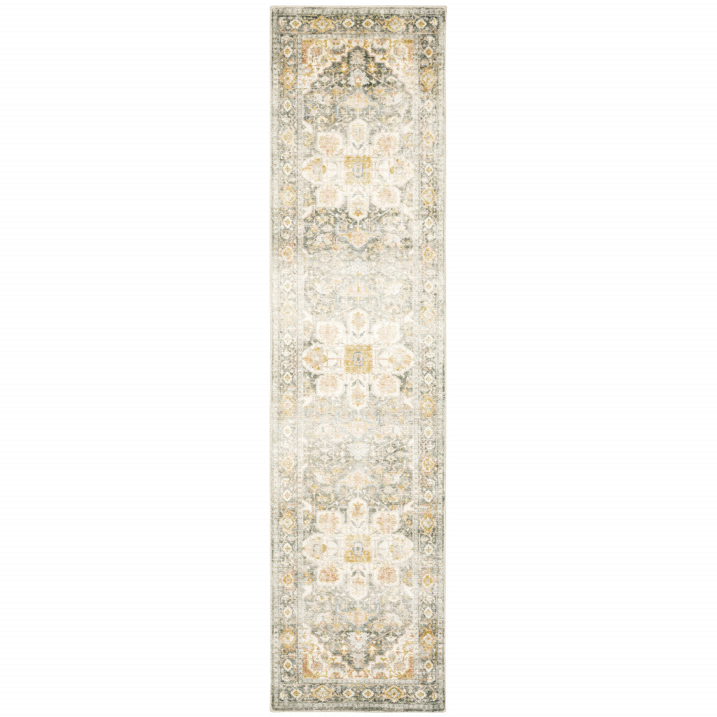 2 X 8 Gray And Ivory Oriental Power Loom Stain Resistant Runner Rug Image 1