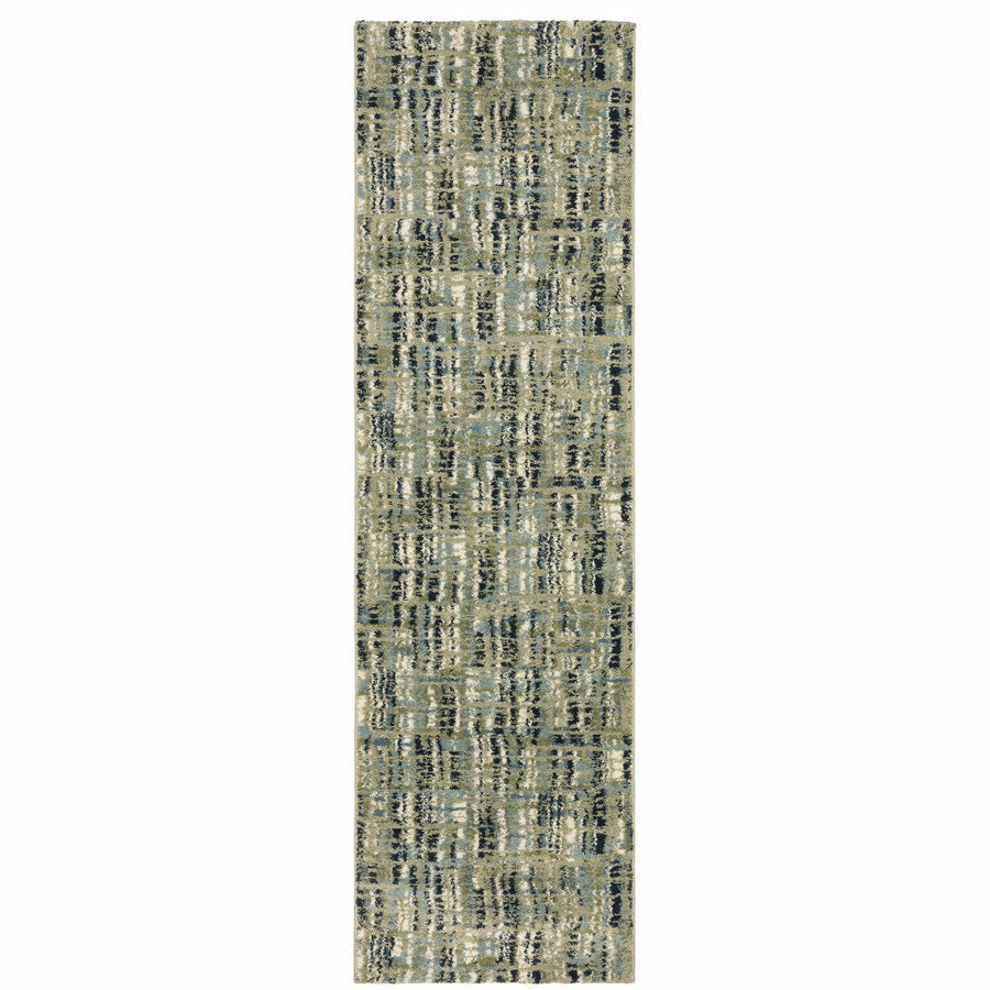 2 X 8 Green Blue Ivory Beige And Light Blue Abstract Power Loom Stain Resistant Runner Rug Image 1