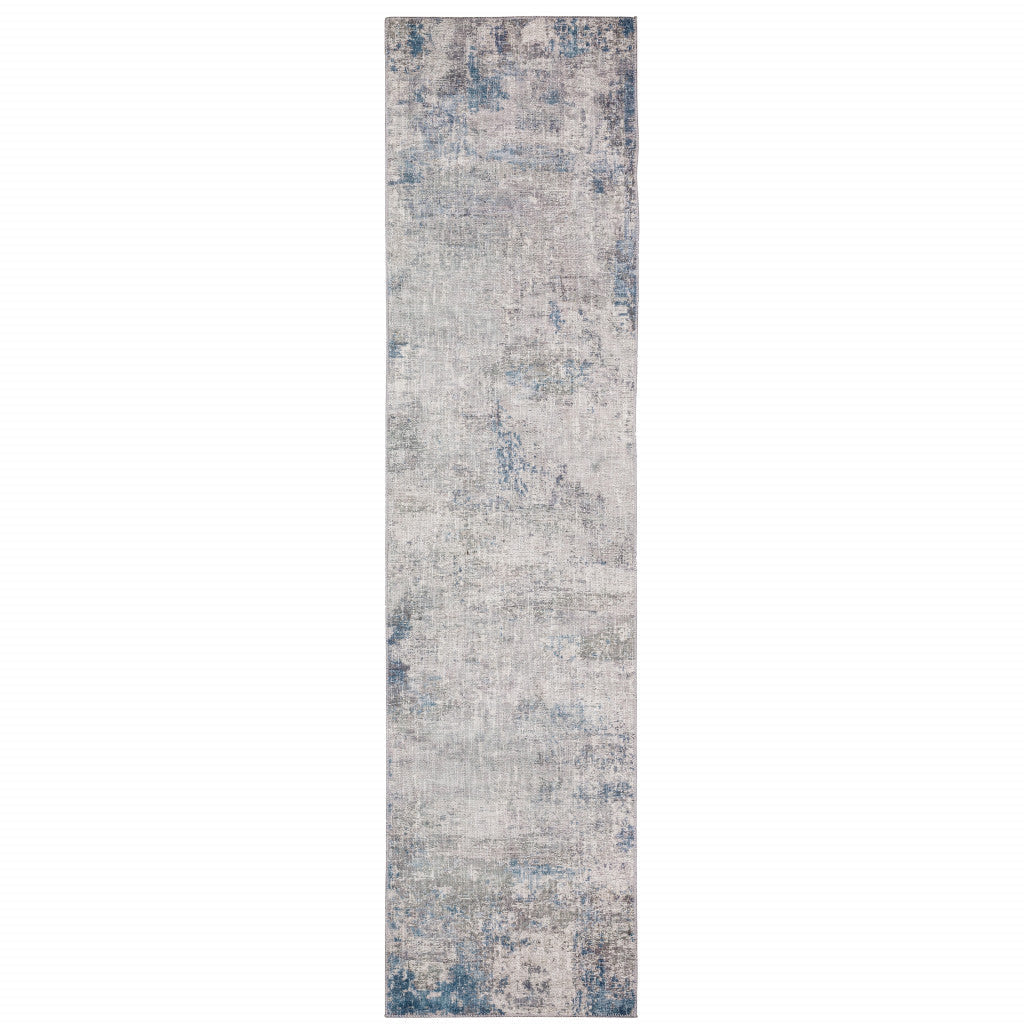 2 X 8 Grey And Blue Abstract Power Loom Stain Resistant Runner Rug Image 1