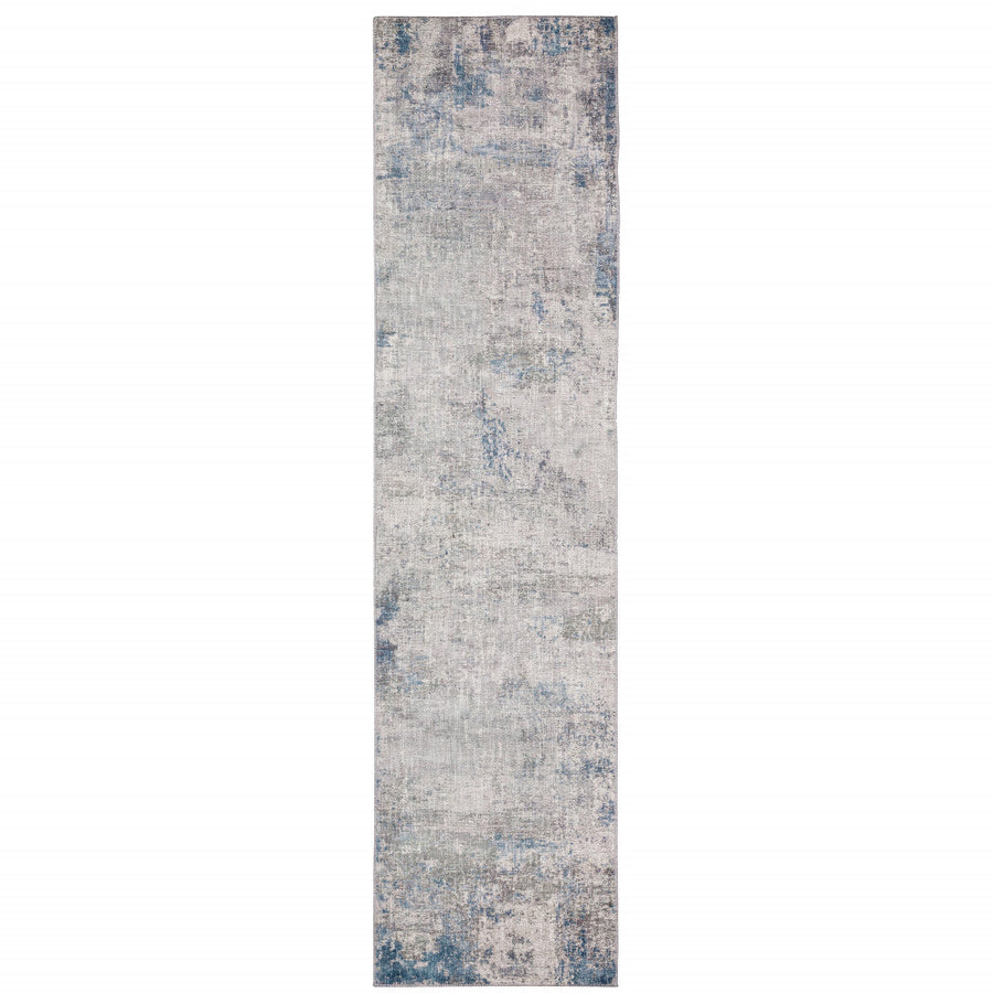 2 X 8 Grey And Blue Abstract Power Loom Stain Resistant Runner Rug Image 1