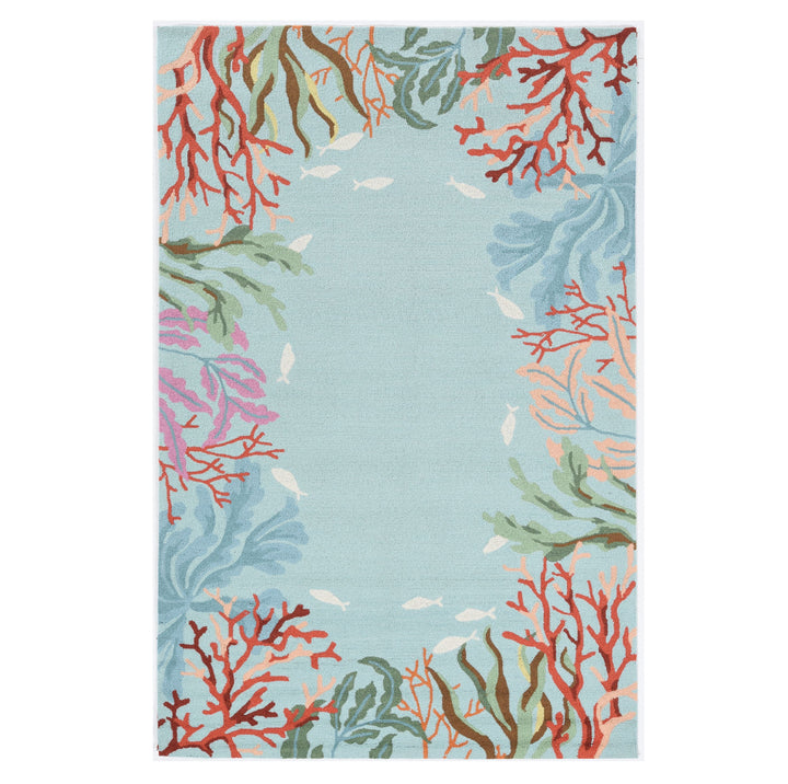 5X8 Blue Hand Hooked Bordered Coral Reef Indoor Area Rug Image 1