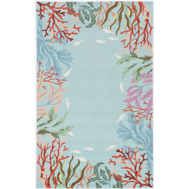 5X8 Blue Hand Hooked Bordered Coral Reef Indoor Area Rug Image 1