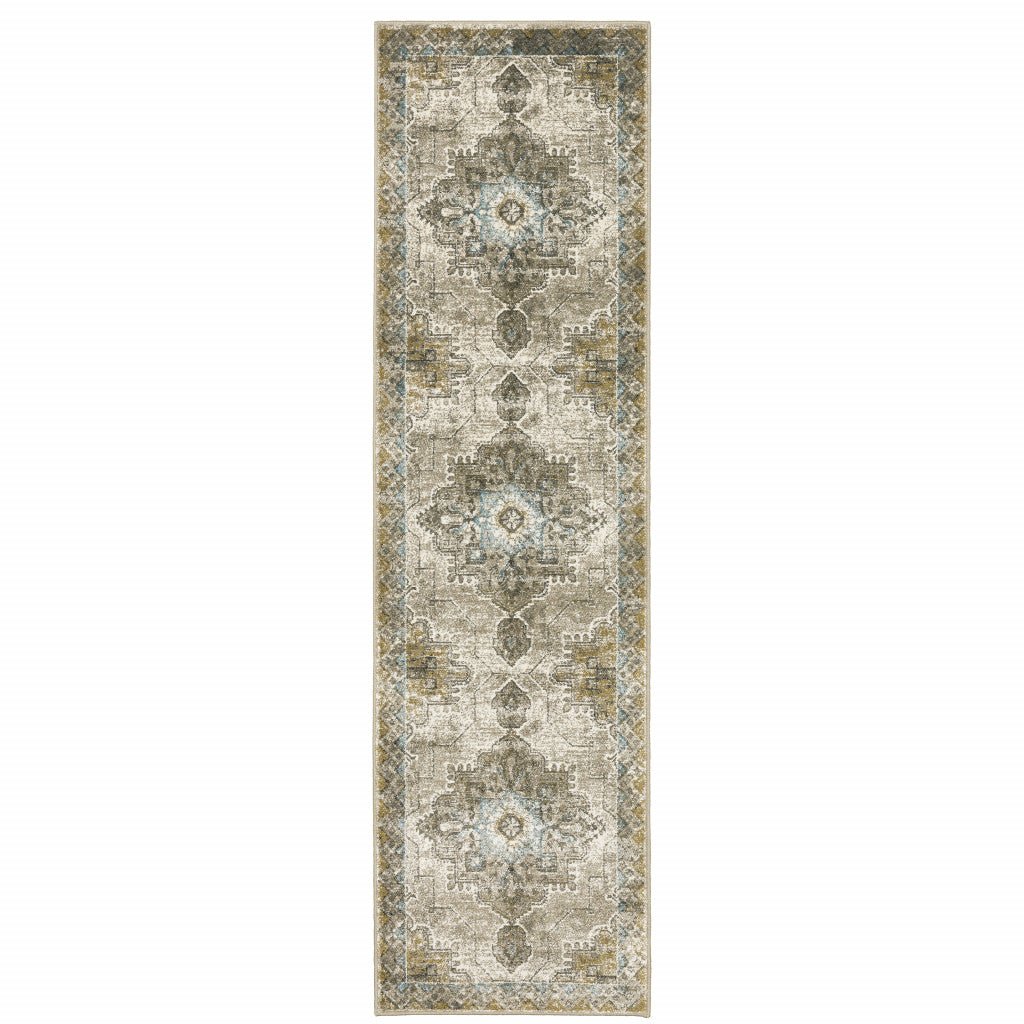 2 X 8 Grey Blue Beige And Gold Oriental Power Loom Stain Resistant Runner Rug Image 1