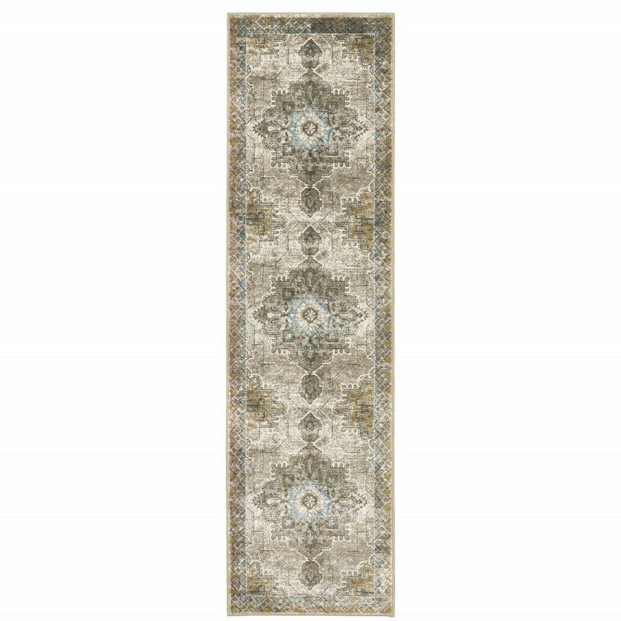 2 X 8 Grey Blue Beige And Gold Oriental Power Loom Stain Resistant Runner Rug Image 1