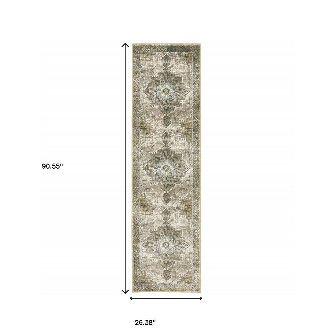 2 X 8 Grey Blue Beige And Gold Oriental Power Loom Stain Resistant Runner Rug Image 8