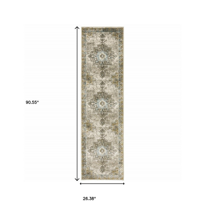 2 X 8 Grey Blue Beige And Gold Oriental Power Loom Stain Resistant Runner Rug Image 8