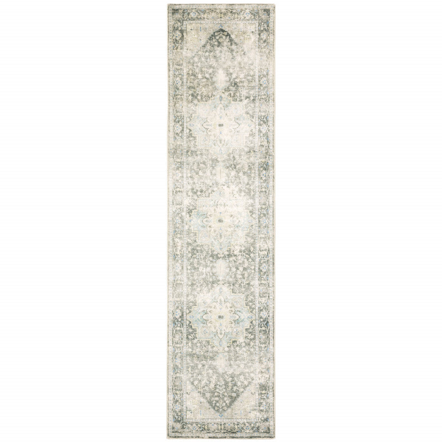 2 X 8 Grey Ivory And Blue Oriental Power Loom Stain Resistant Runner Rug Image 1