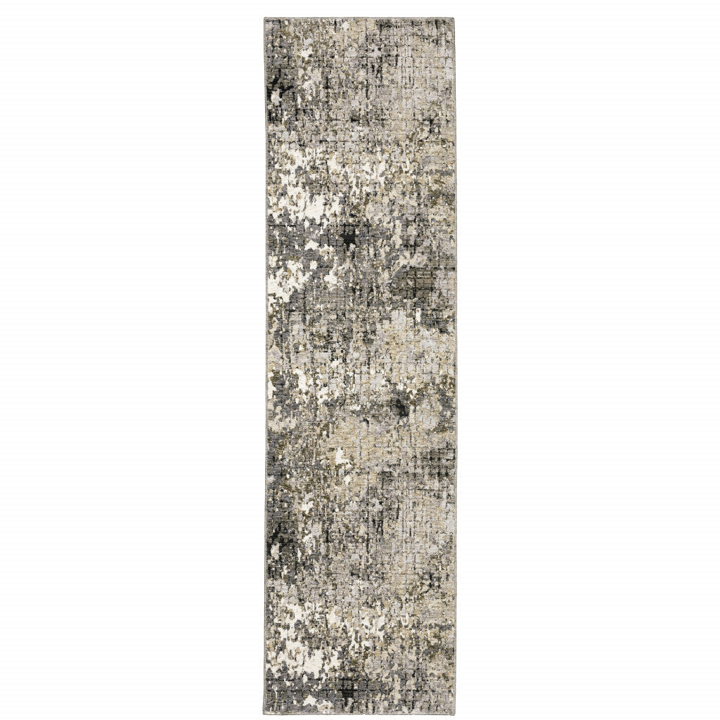 2 X 8 Grey Ivory Beige Charcoal Black Tan And Brown Abstract Power Loom Stain Resistant Runner Rug Image 1