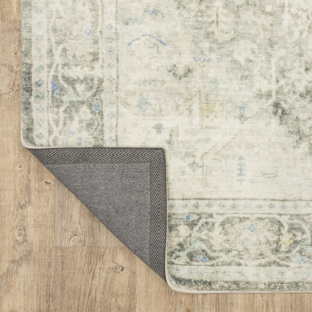 2 X 8 Grey Ivory And Blue Oriental Power Loom Stain Resistant Runner Rug Image 5