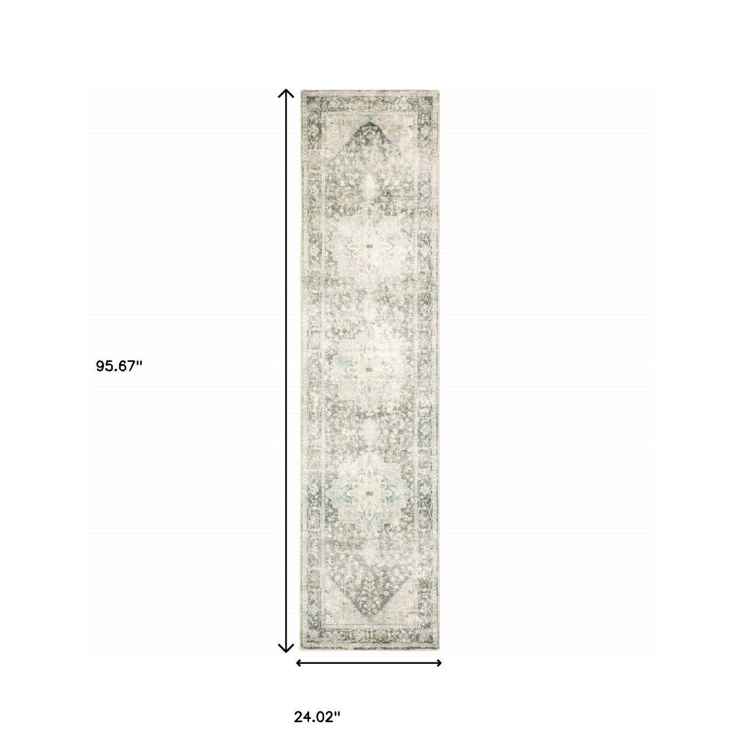 2 X 8 Grey Ivory And Blue Oriental Power Loom Stain Resistant Runner Rug Image 7