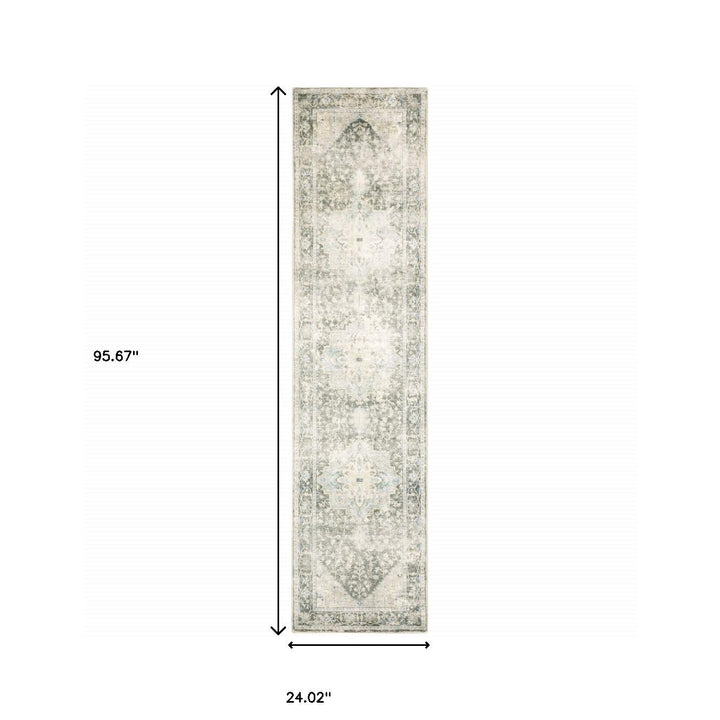 2 X 8 Grey Ivory And Blue Oriental Power Loom Stain Resistant Runner Rug Image 7