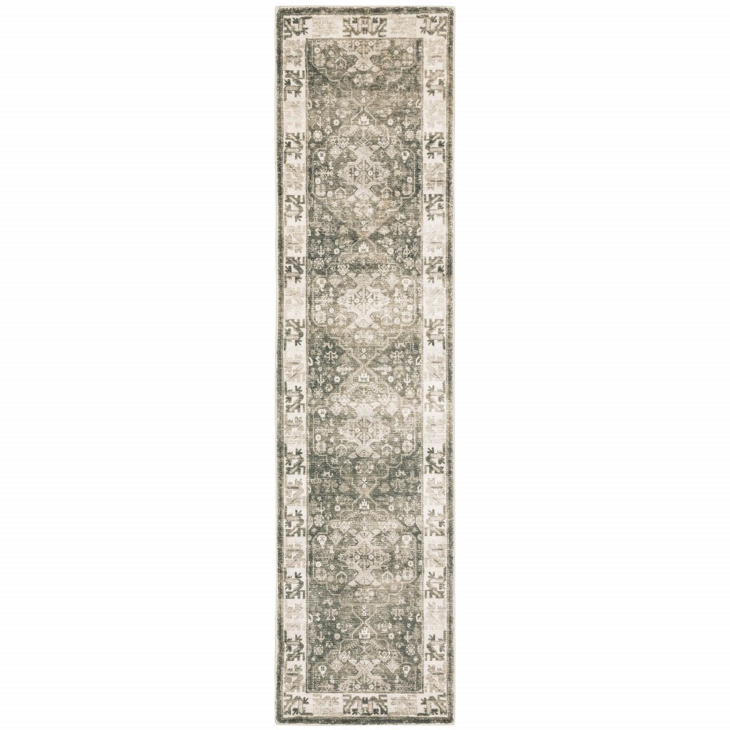 2 X 8 Grey Ivory Tan And Beige Oriental Power Loom Stain Resistant Runner Rug Image 1