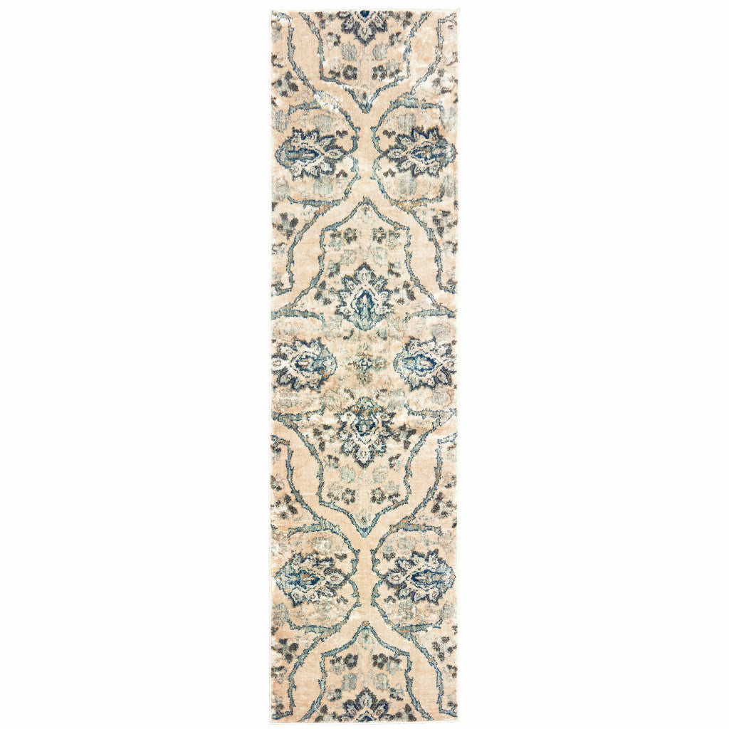 2 X 8 Ivory And Blue Floral Power Loom Stain Resistant Runner Rug Image 1